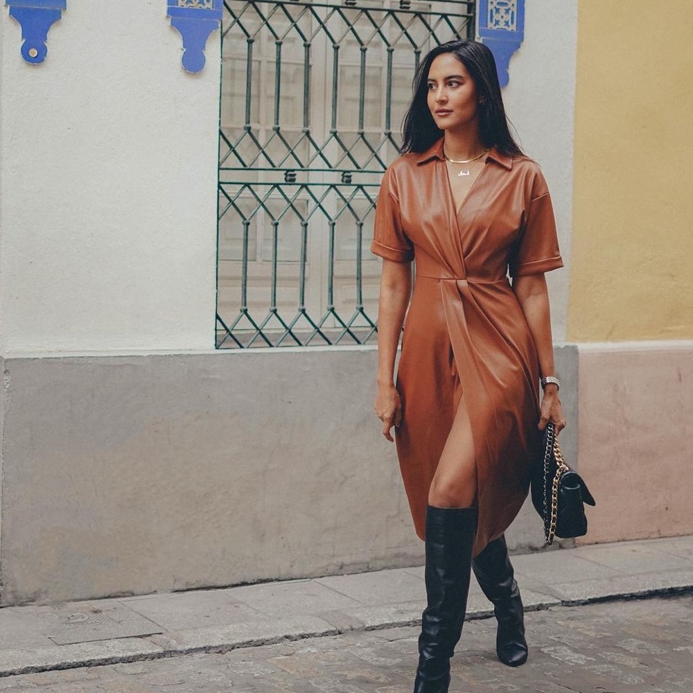Zara Brown Faux Leather Faux Wrap Shirt Dress - Picture 2 of 16